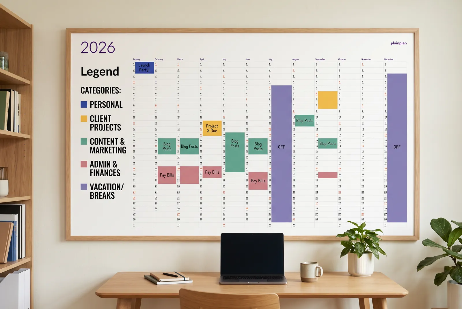 Close-up of yearly wall planner day cells with handwritten notes