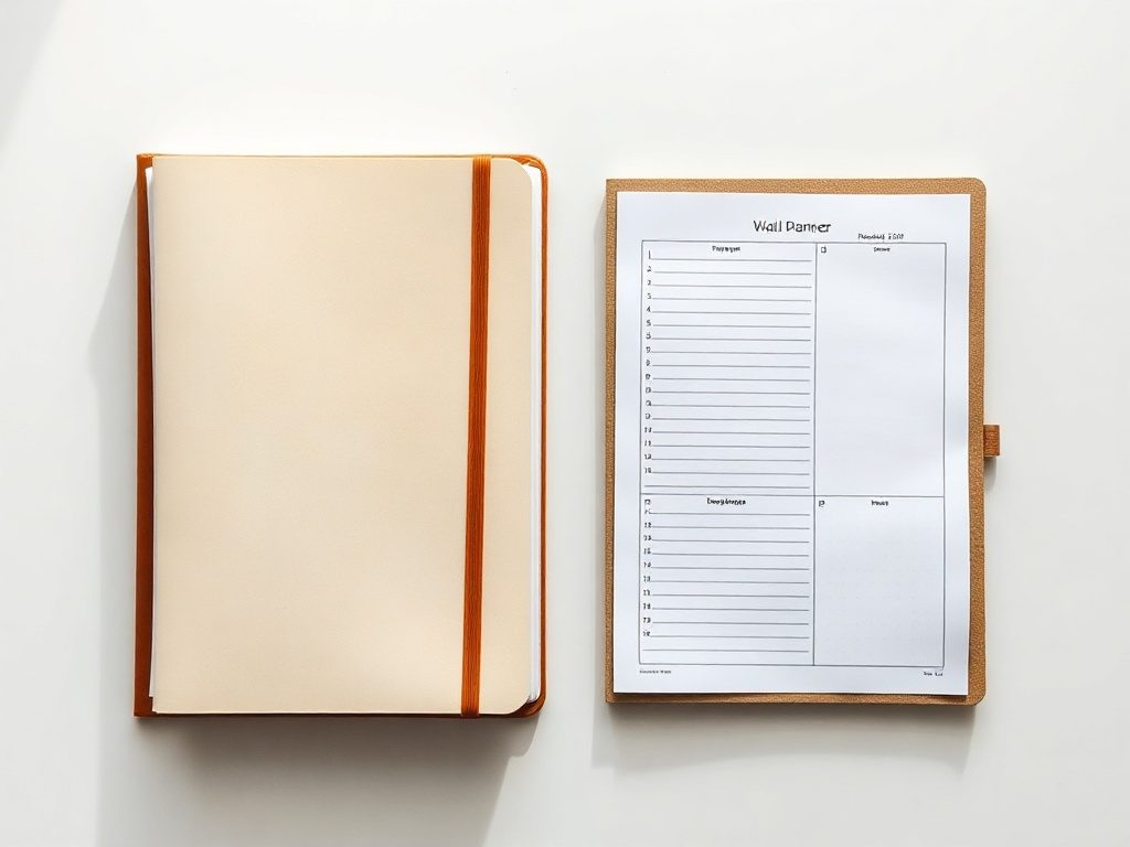 Thick expensive planner next to a simple flat wall planner printout