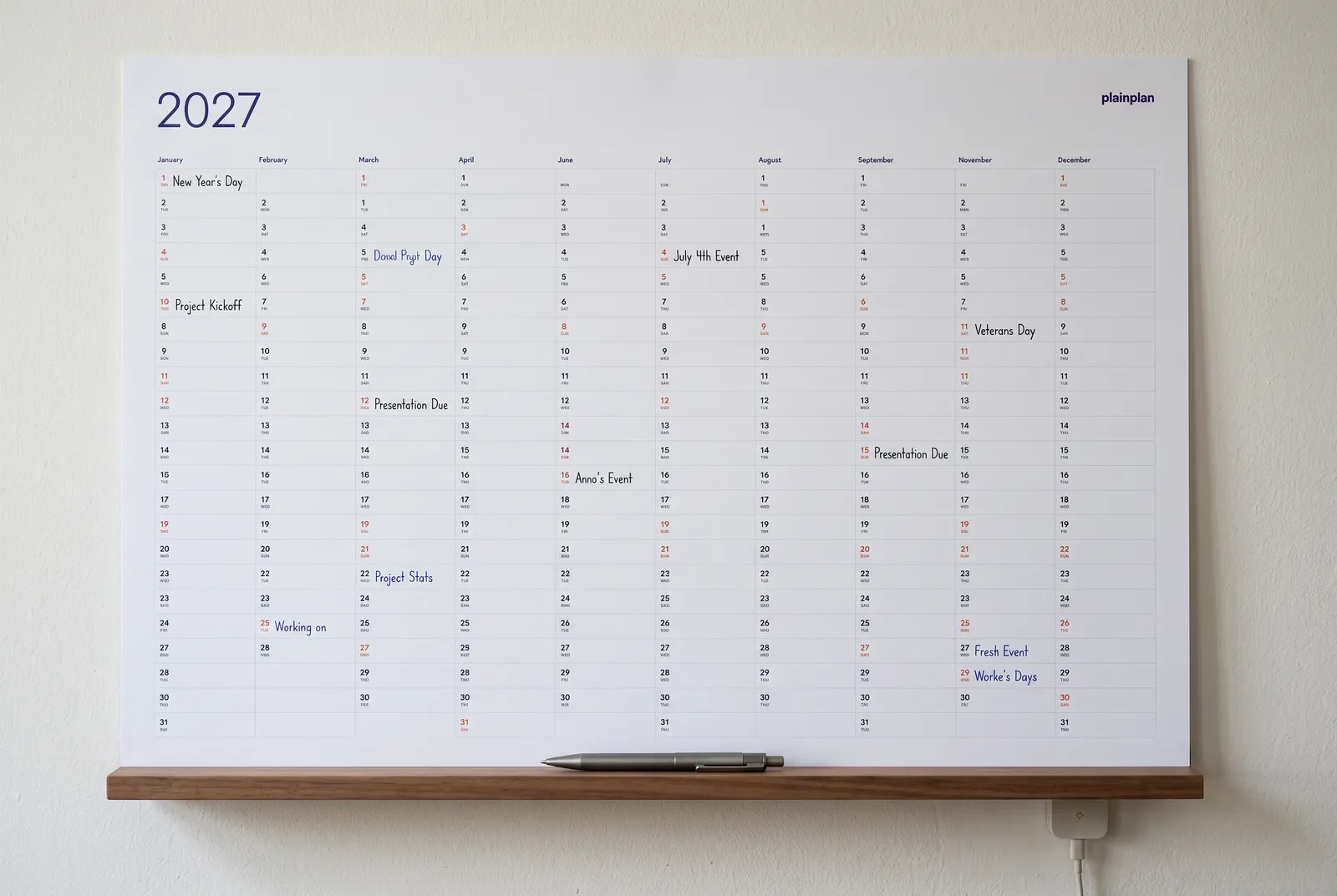 Printable calendar 2027 - PlainPlan wall planner, whole year on one wall