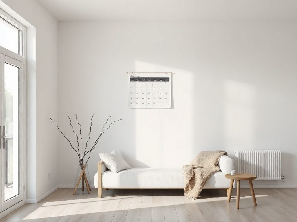 Minimalist Scandinavian room with a clean wall calendar