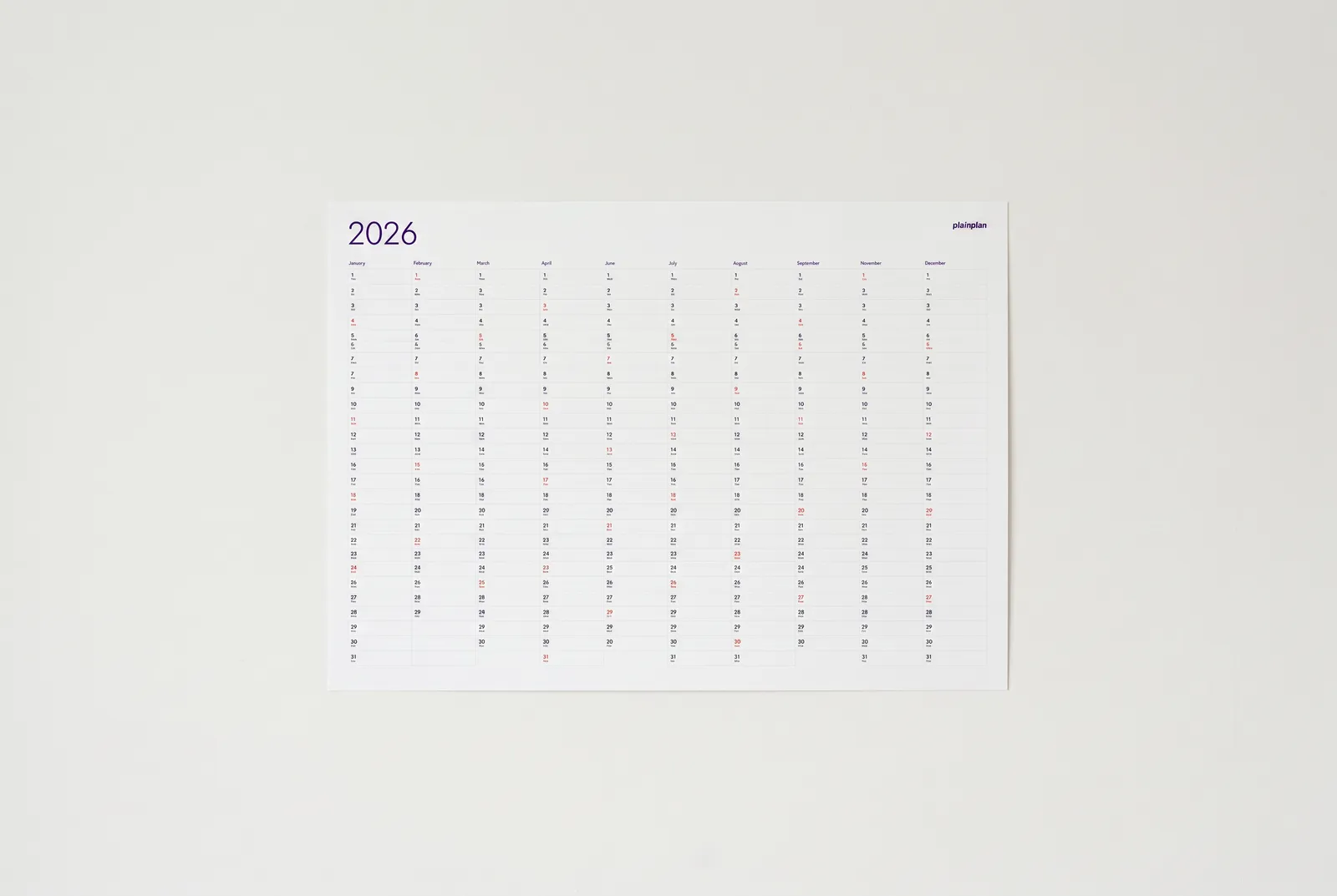 Minimalist 2027 wall calendar printed large on a wall
