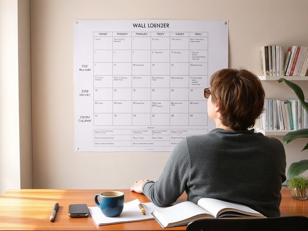 Person at desk looking at wall planner during weekly review