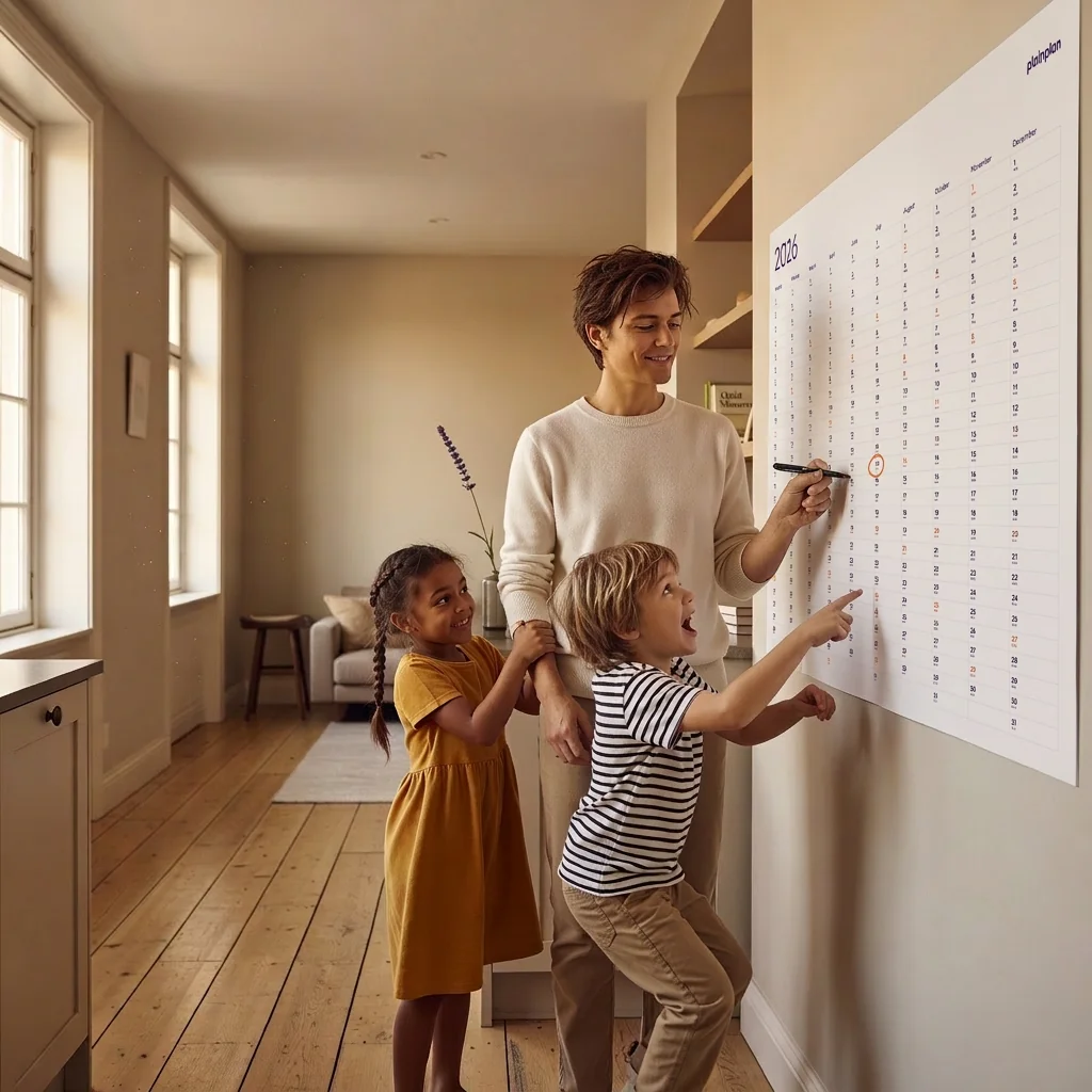 Family using a wall planner together