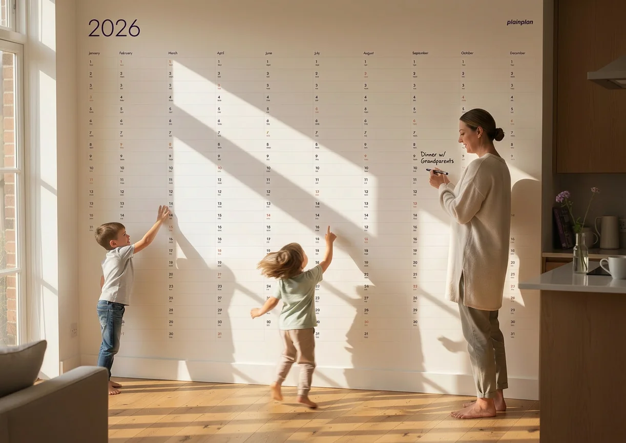 PlainPlan 2026 — printable wall planner in a bright living room