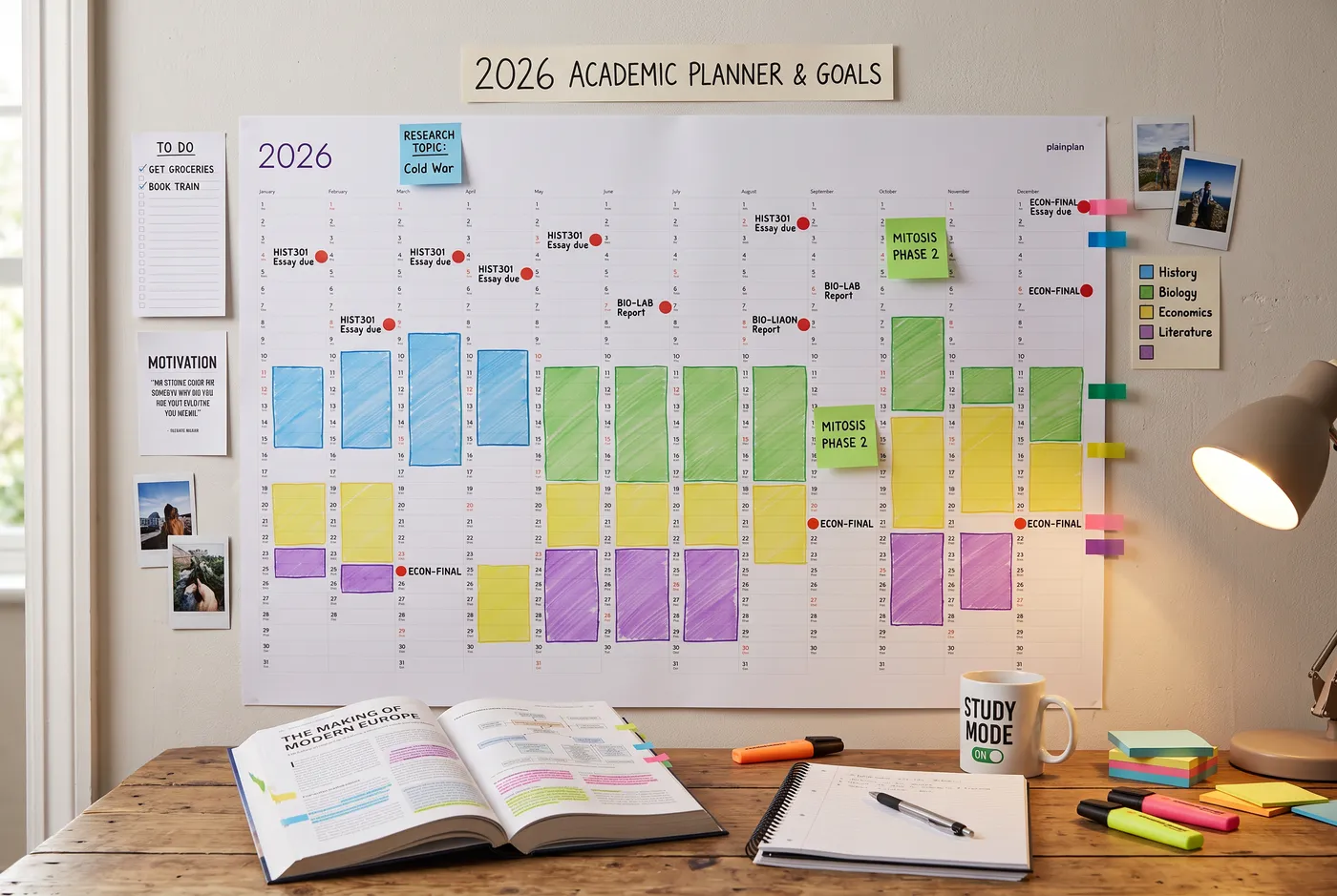 Term dates, half-terms, and deadlines marked across a wall planner