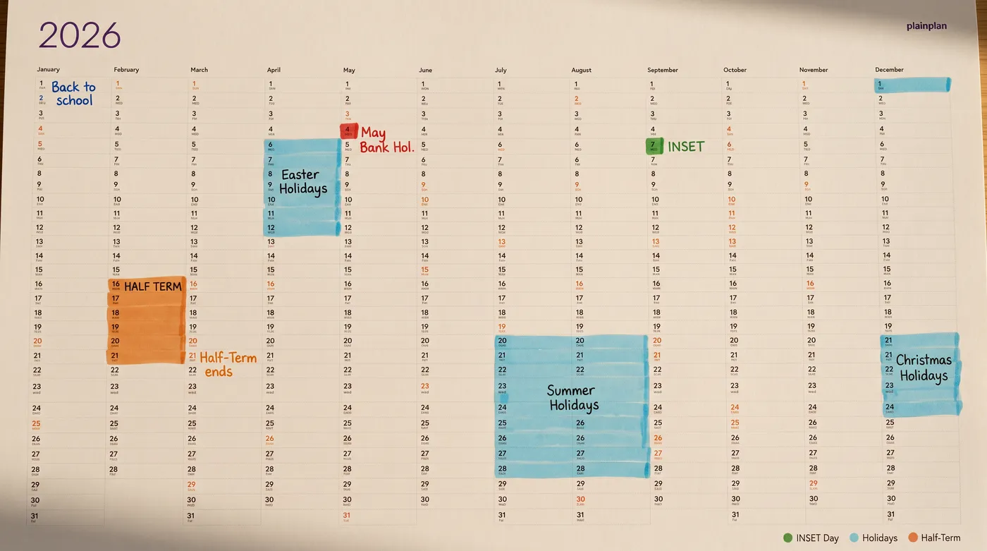 Subjects and classes colour-coded across an academic wall planner