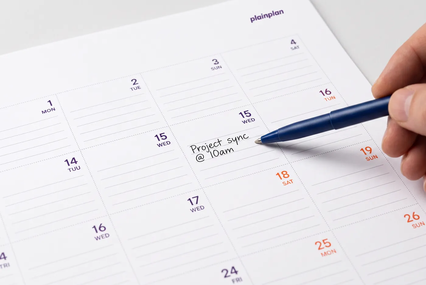 Close-up of printable wall calendar grid