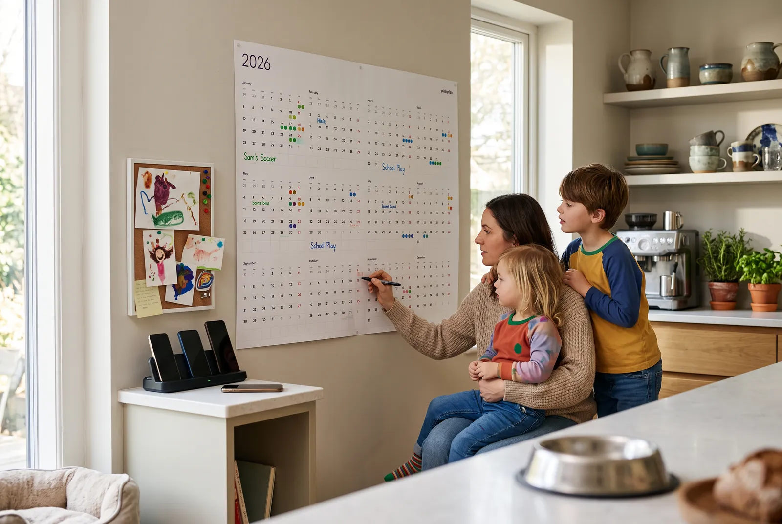Family command center wall planner in a kitchen