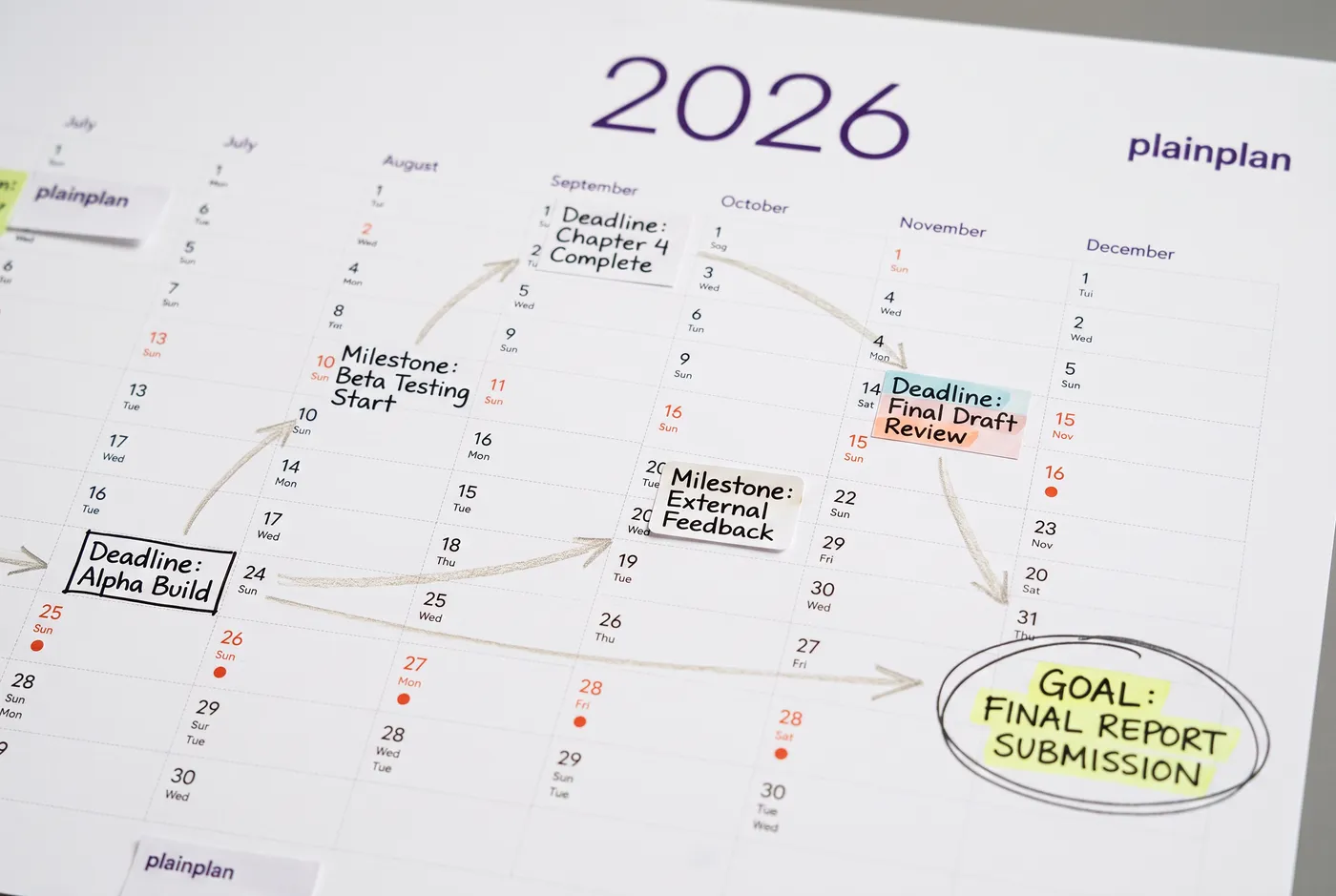 Wall planner with quarterly boundary markers