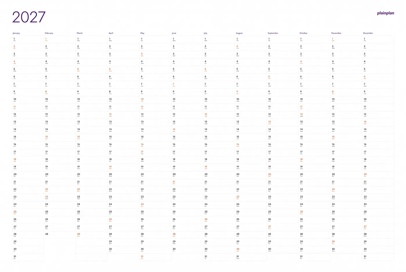 plain printable calendar 2027