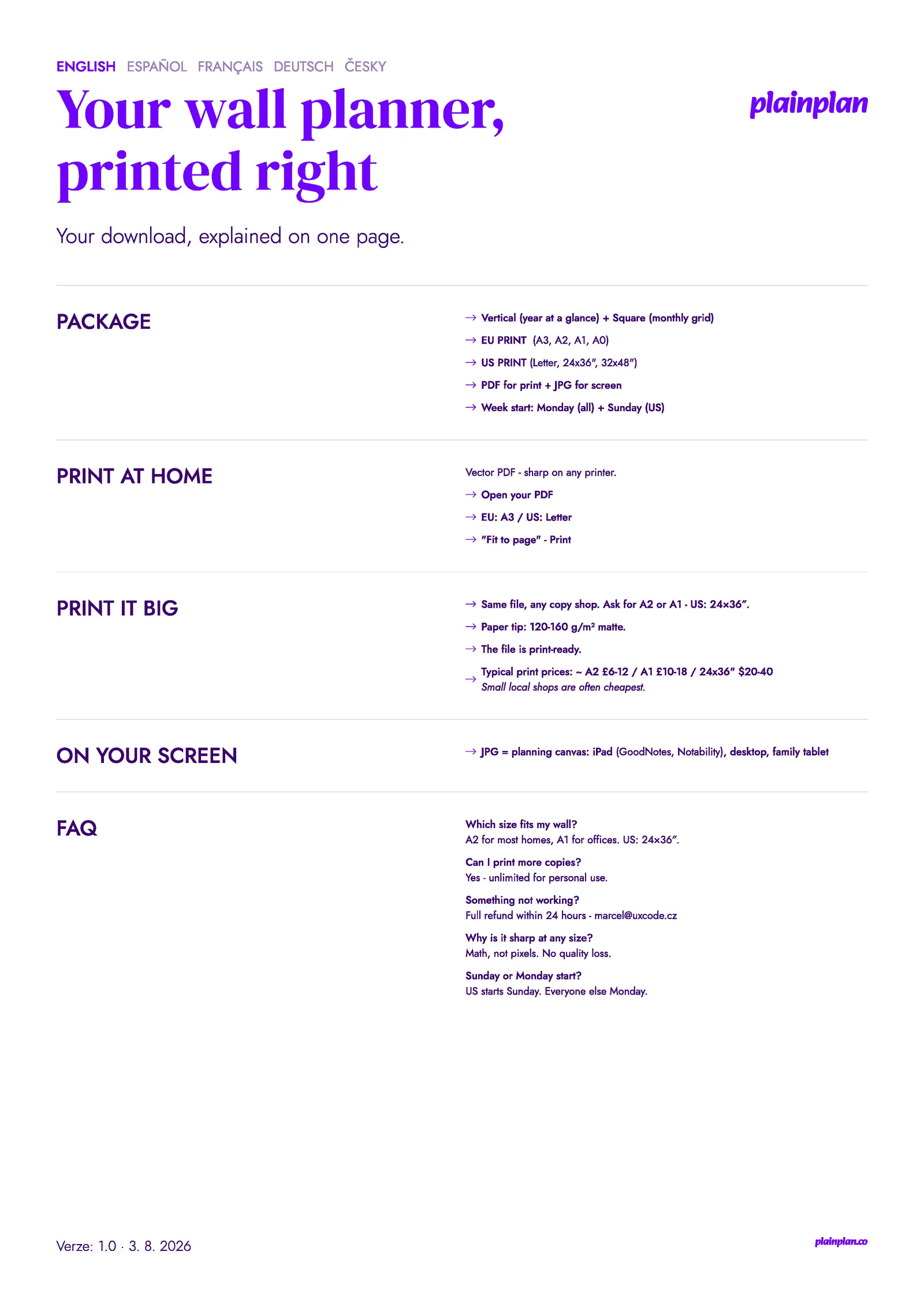 The English page of the plainplan print guide: package, print at home, print it big, on your screen, FAQ