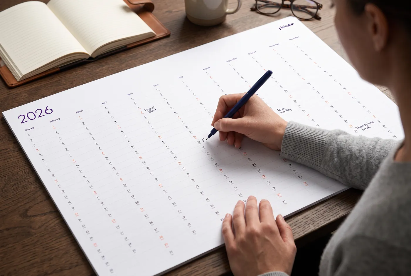 Thick expensive planner next to a simple flat wall planner printout