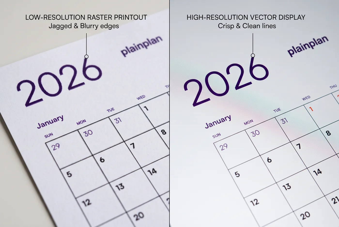Same vector PDF printed at A4, A2, and A1 - all sharp