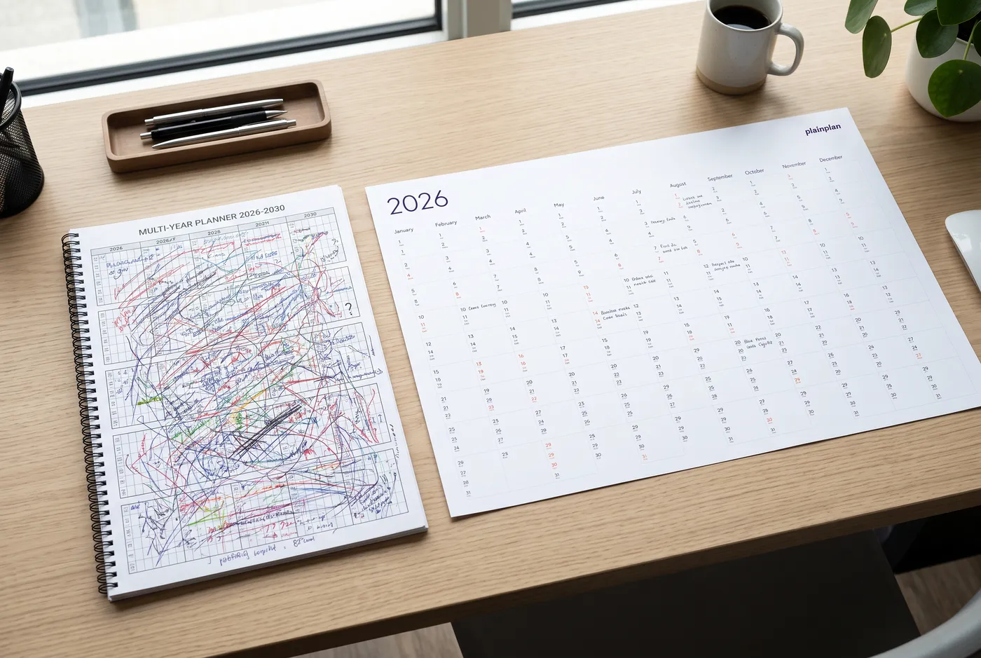 Thick planner open to empty blank pages