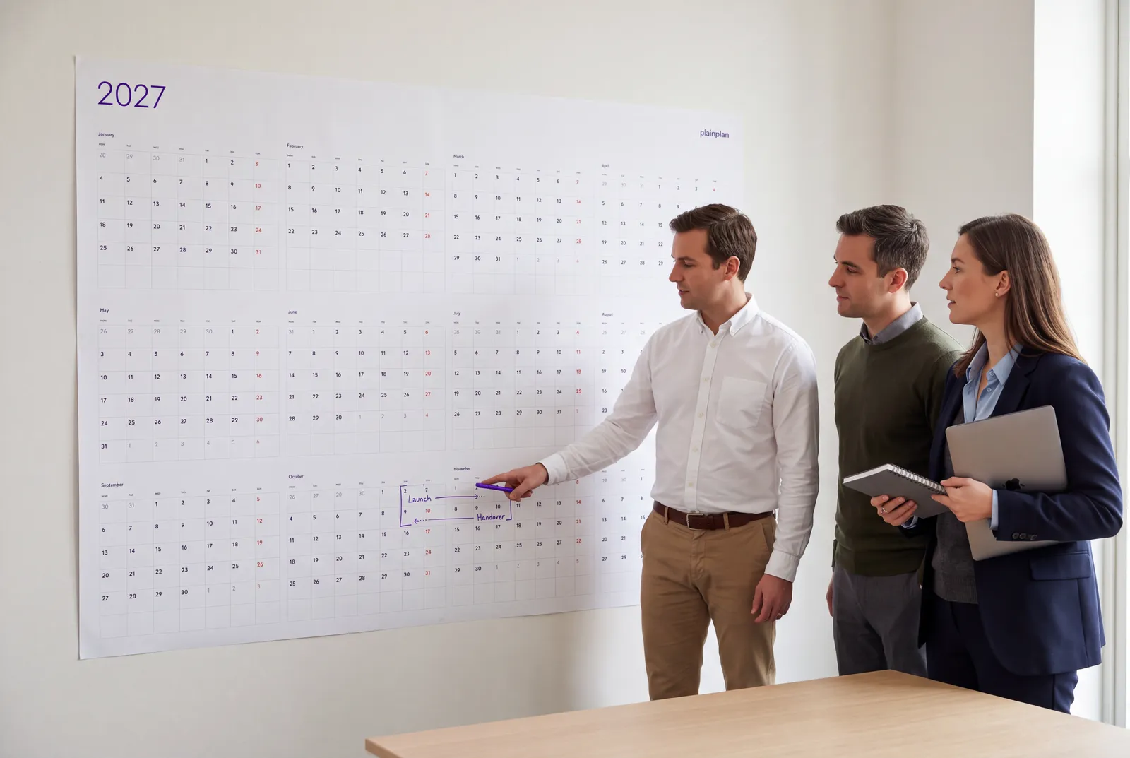 Team planning the year on a plainplan 2027 wall planner in the office
