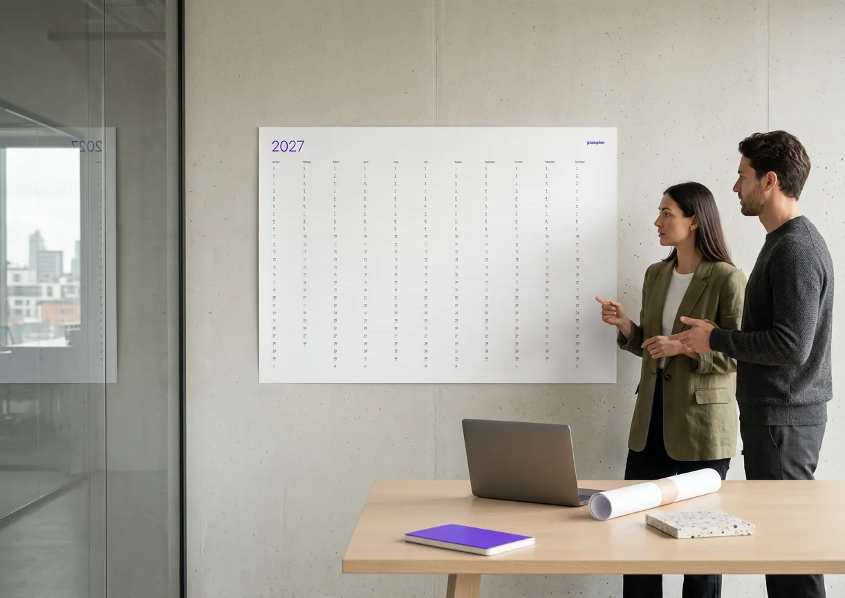 Two colleagues planning the year on a plainplan 2027 wall planner in a meeting room
