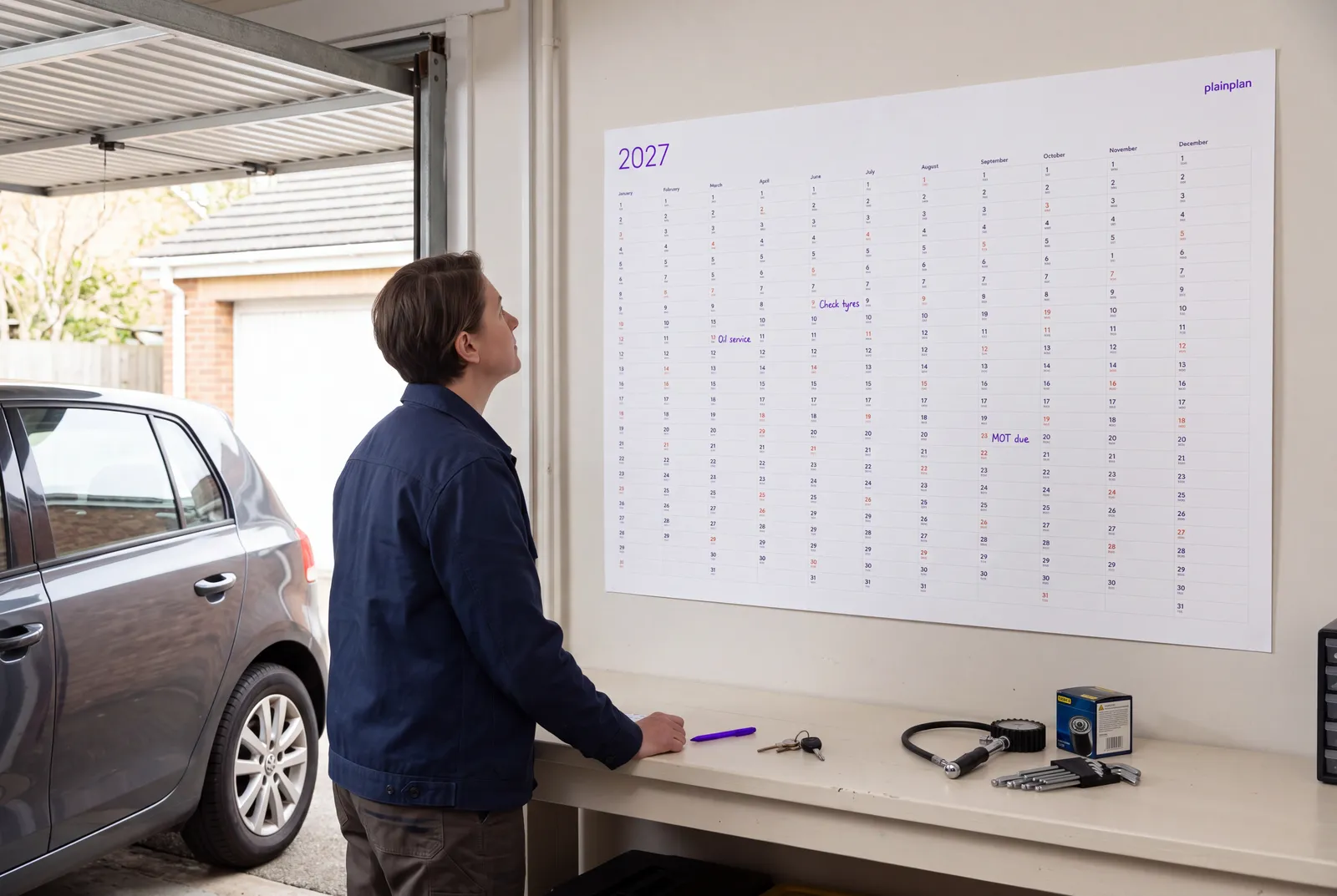 Car service dates written on a plainplan 2027 wall planner in a garage