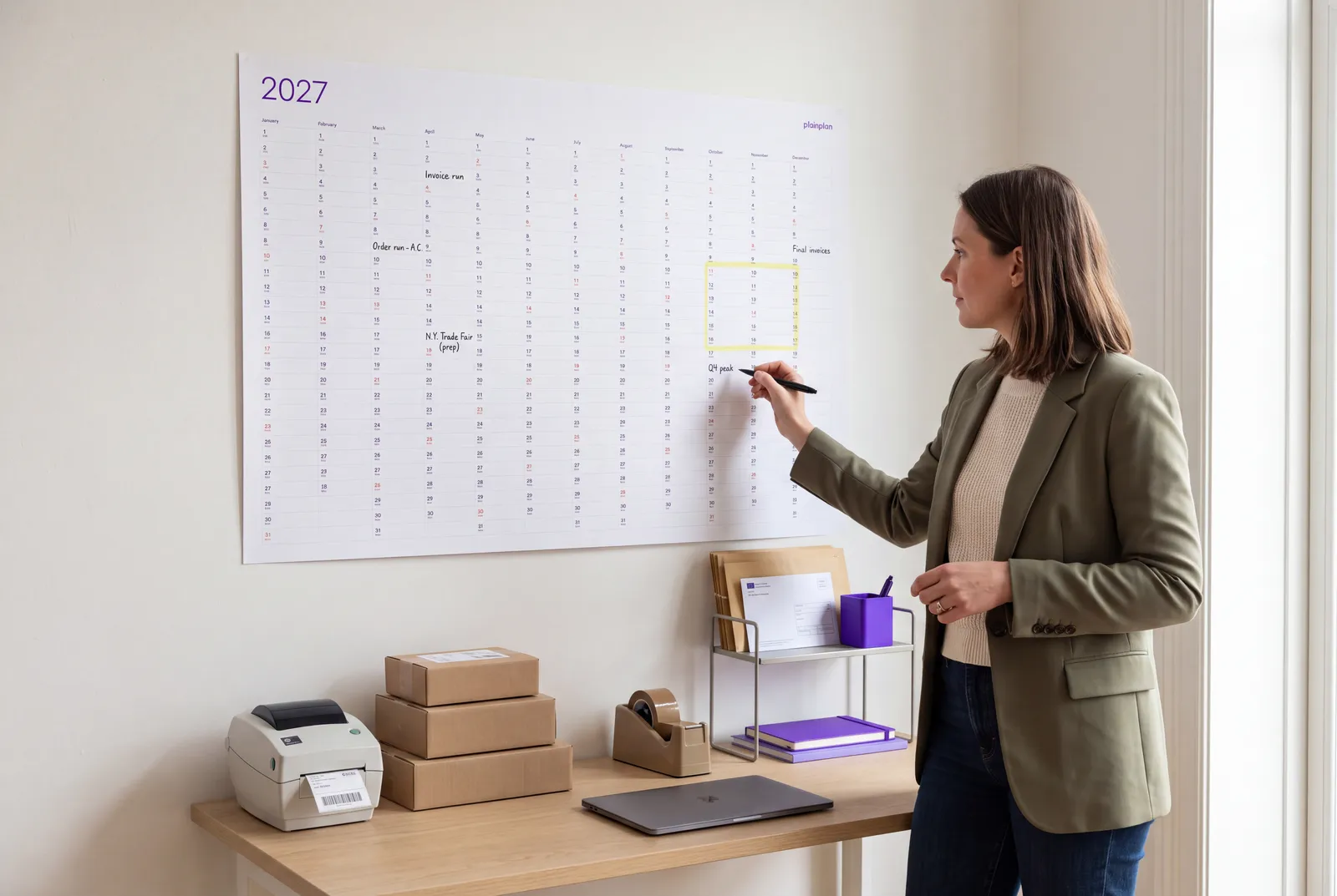 Small business owner planning orders and invoices on a plainplan 2027 wall planner