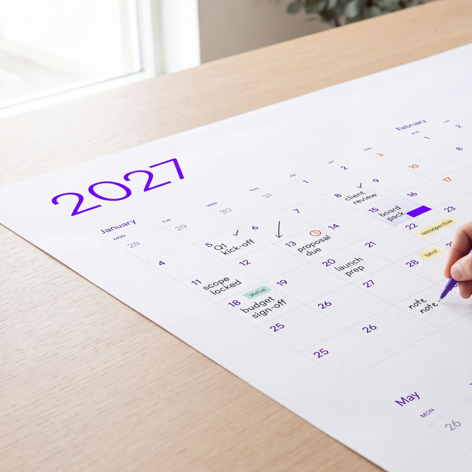Manager marking quarterly milestones on a plainplan 2027 wall planner